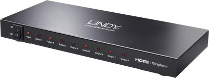 HDMI 1 til 8 Switch Lindy 38059, mat sort kabinet, 8 røde LED'er, HDMI-indgang og 8 HDMI-udgange på bagsiden