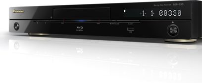 Pioneer BDP-330 sort Blu-ray-afspiller, frontvisning, blåt digitalt display, USB-port, åbn/luk-knap
