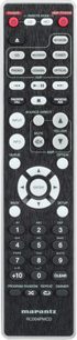 Μαύρο τηλεχειριστήριο Marantz RC004PMCD με λευκά και κόκκινα κουμπιά για έλεγχο συσκευής αναπαραγωγής CD, μπροστινή όψη