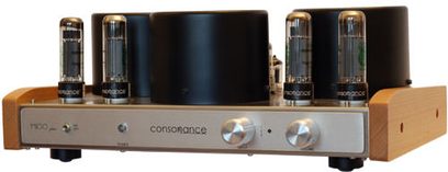 Consonance M100 Plus stereo hi-fi-forstærker set forfra, sort kabinet, forgyldte vakuumrør, sølvfarvede knapper