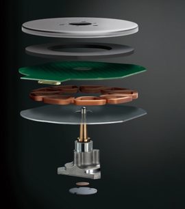 Pickup pentru viniluri Technics SL-100CEG-K negru, vedere descompusă a componentelor interne precum talgerul, brațul pickup-ului și cartușul