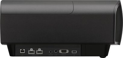 Sony VPL-VW270ES sort videoprojektor, bagside, HDMI-, USB-, VGA-, LAN-tilslutninger, fjernbetjening, ventilationsgitre