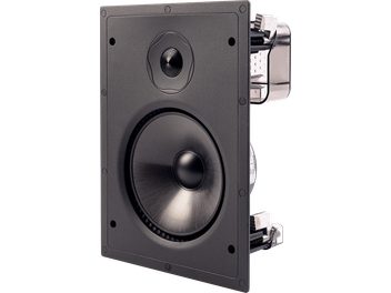 Cassa acustica da incasso a parete P80-IW v2, vista prospettica, parte frontale nera con tweeter circolare e altoparlante principale