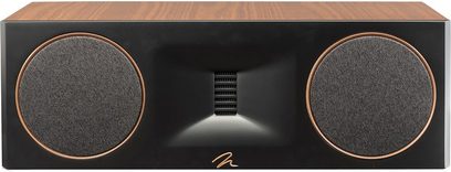 MartinLogan Motion XT C100 senterhøyttaler i valnøtt med to runde svarte griller og en rektangulær diskant i midten