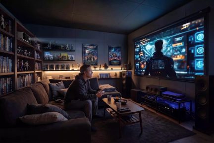 Immersive home cinema with video projector, large screen and floorstanding speaker in a dark living room
