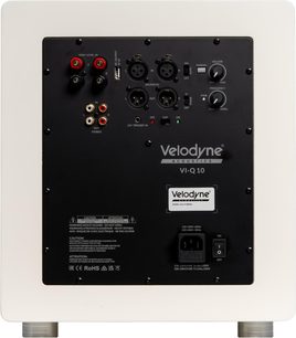 Velodyne VI-Q 10 witte subwoofer, achteraanzicht met zwart aansluit- en bedieningspaneel