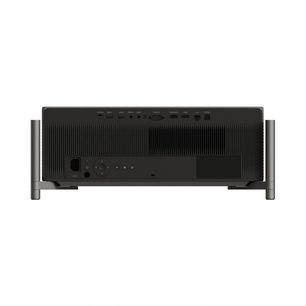 Sort XGIMI Titan-projektor set bagfra med store sidefødder og mange USB-, HDMI-, LAN- og lydporte