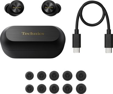 Kabellose Bluetooth-HiFi-Kopfhörer Technics EAH-AZ100E schwarz mit 2 Ohrhörern, rechteckigem Ladegehäuse, USB-C-Kabel, 7 Paar Ohrstöpseln