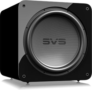 SB17-Ultra R|Evolution subwoofer i sort lak, set forfra, med central cirkulær gitter, afrundede hjørner, reflekterende overflade