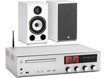 Hi-fi sistem Taga Harmony srebrne barve s CD-predvajalnikom, zaslonom Network Mode in parom belih zvočnikov Triangle, sprednji pogled