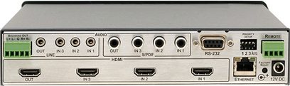 Kramer Electronics grå VS-311 HDMI-switch med 4 HDMI-porte, 1 RS-232-port, 1 Ethernet-port og 1 12V DC-port