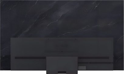 TV LG OLED83C5 nero opaco in metallo e plastica, vista posteriore che mostra il pannello ultra sottile, il retro con logo inciso, la griglia di aerazione orizzontale e la base rettangolare