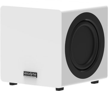 Velodyne MiniVee X witte subwoofer, driekwartaanzicht met zwarte luidspreker op de zijkant aan de voorkant