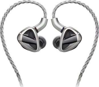 FiiO FH19 sølvfarvede in-ear hovedtelefoner i metal, trekantede ørekapsler med sort tekstureret indlæg og silikonepropper, sølvfarvet flettet lydkabel, set forfra