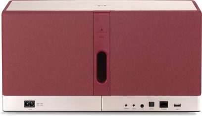 Triangle AIO 3 wireless connected speaker in Ocher Red, front view, rectangular shape, red fabric, connections at the rear
