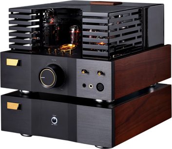 Cayin Soul 170HA integreret stereo rørforstærker i sort børstet metal med brune træpaneler, åben beskyttelsesbur til rør, stor guldfarvet volumenkontrol og hovedtelefonudtag på fronten, set fra trekvart vinkel forfra