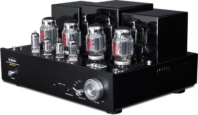 Line Magnetic LM-88IA sort hi-fi rørforstærker, frontvisning, 8 vakuumrør, knapper og stik på forsiden, rektangulært kabinet