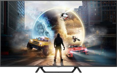 Panasonic TV-65W95BEG sort fjernsyn med høj opløsning, sort, med tynd plastikramme og metalstativ, set forfra, placeret på to trapezformede ben med afstand imellem