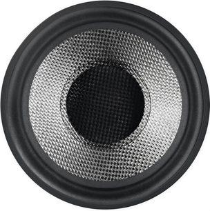 Bowers & Wilkins DB1D sort lakeret baskabinetset forfra, tæt på, sort gitter med vabemønster