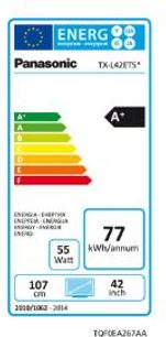 Energimærke for et Panasonic TX-L42ET5 TV, der angiver energiklasse A+, 55 W, 77 kWh/år, 107 cm, 42 tommer