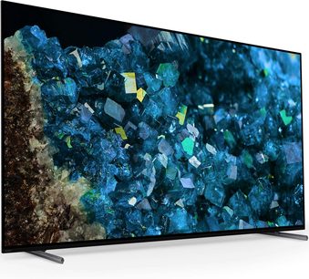 Sony XR65A80L televisie met groot scherm, driekwart zicht, blauwe kristallen weergegeven, dunne rand, metalen standaard
