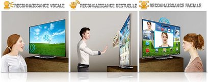 Televizor Samsung UE75ES9000 zobrazující různé uživatelské rozhraní, se 3 osobami interagujícími s obrazovkou