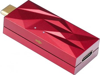 iDefender MAX červený, obdélníkový tvar, perspektivní pohled, pozlacený USB konektor, geometrický vzor, zlatá šipka