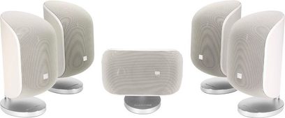 Conjunto de colunas compactas Bowers & Wilkins MT80-D em branco acetinado, 5 colunas, vista frontal, disposição simétrica