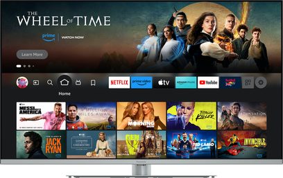 TV-43W93AE6 Panasonic, fladskærm, set forfra, visning af streamingapplikationer, sort ramme, sølvfarvet centralt stativ