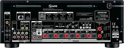 Onkyo TX-NR575E sort hjemmebiografsforstærker, bagside, audio/video-tilslutninger, højttalerstik, FM-antenne, Ethernet-port