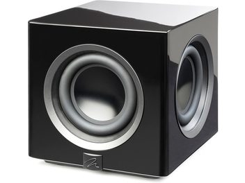 Caisson de grave MartinLogan Abyss 8 noir laqué, forme cubique, face avant avec haut-parleur circulaire et finition brillante