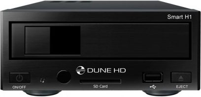 Dune HD Smart H1 sort netværksaudioafspiller, front med skærm, SD-kortlæser, USB, ON/OFF- og EJECT-knapper, frontvisning