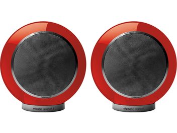 Diffusori da scaffale Elipson Planet L Performance 2.0 rosso laccato, forma sferica, griglia metallica circolare, base cilindrica
