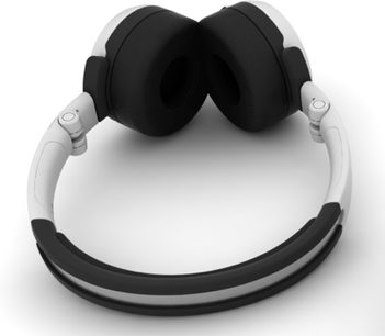 AKG Q 460 baltų ausinių priekinis vaizdas, juodos lankelio ir ausų pagalvėlių detalės, apvalios ir grakščios konstrukcijos dizainas