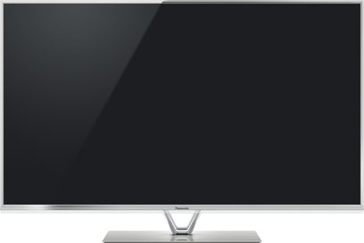Panasonic TX-L42DT60E fladskærms-TV, sort flad skærm slukket, smal sølvfarvet ramme, blankt krombelagt V-formet fod