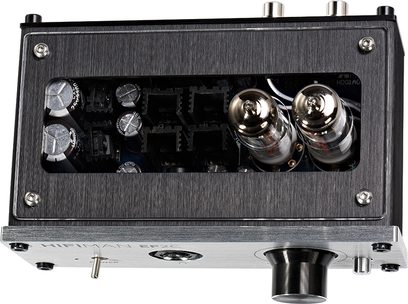 Hifiman EF2C hovedtelefonforstærker, frontvisning, børstet metalkabinettet, 4 vakuumrør, 2 potentiometre, jackstik
