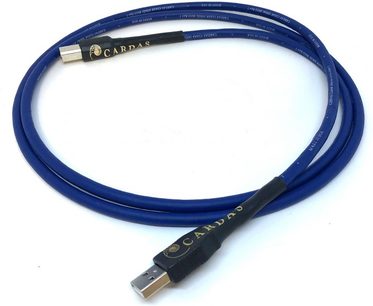 1 m blå Cardas Clear USB-kabel med sølvbelagte USB type A- og type B-stik, blå flettet kappe