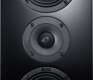 Diffusore da incasso Canton Atelier InWall 9 nero, primo piano del pannello frontale con tweeter centrale e due woofer allineati