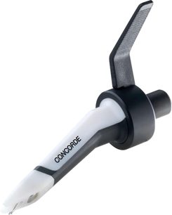 Λευκή και μαύρη κεφαλή DJ Ortofon Concorde MKII SCRATCH, αριστερή πλευρική όψη, με ορατή διαμαντένια ακίδα