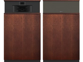 Klipsch Khorn AK7 Auburn floorstanding speaker with American Auburn wood finish, black front grille, and acoustic panel