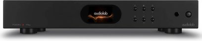 Audiolab 7000N Play netværksafspiller sort med centralt display, der viser et logo, 6 runde knapper og en tænd/sluk-knap