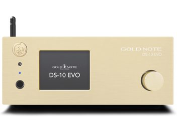 Gold Note DS-10 EVO arany hálózati audiólejárat, arany színű véglegesítés, középső kijelző, forgógomb jobboldalt, hátulsó antenna