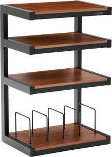 Nábytek Hi-Fi Norstone Design Esse hifi vinyl ořech, černá kovová konstrukce, 4 dřevěné police, černé vertikální podpěry