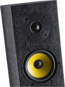 Davis Acoustics Matisse HD søjlehøjttaler i sort askefinér, nærbillede forfra, gul højttaler og sort diskant