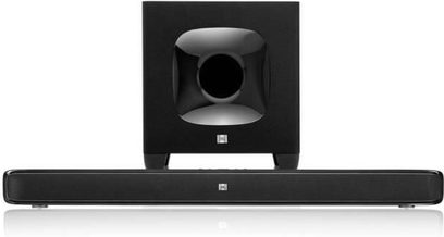 Soundbar JBL SB 400 neagră, vedere frontală, cu subwoofer cubic și difuzor central rotund integrat