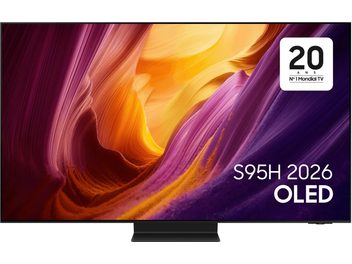 Samsung TQ65S95H OLED-TV framifrån med tunn skärm och abstrakt orange-lila-rosa motiv
