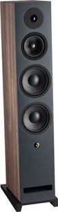 Diffusore da pavimento Davis Acoustics Krypton 9 Classik noce, vista di tre quarti, pannello frontale nero opaco con 4 altoparlanti circolari