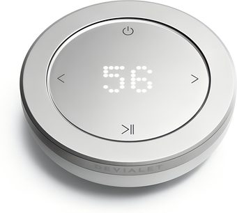 DEVIALET REMOTE Light Pearl round hi-fi remote control in pearl metal, 56 LED display and icons, three-quarter top view