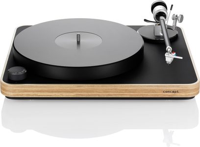 ClearAudio Pack Concept Active hi-fi pladespiller, lys træramme, sort pladeplade, metalarm til højre