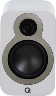 Q Acoustics 3030c white bookshelf speaker in a matte white MDF cabinet, front view, with a front baffle featuring rounded corners, a black tweeter with a gray ring above a large black woofer with a gray ring, and a Q logo at the bottom
